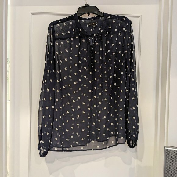 Banana Republic Tops - 🌸 Banana Republic Sheer Long Sleeve Blouse Navy Blue w/ Cream Polka-Dots Size M